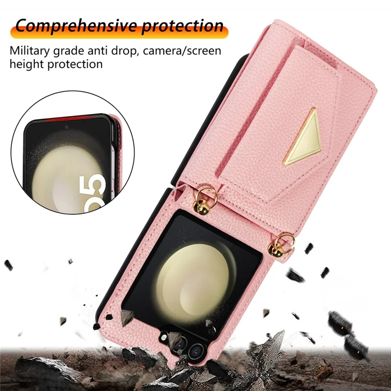For Samsung Galaxy Z Flip5 5G Case Card Bag Design Leather+PC Cover with Shoulder Strap - Pink