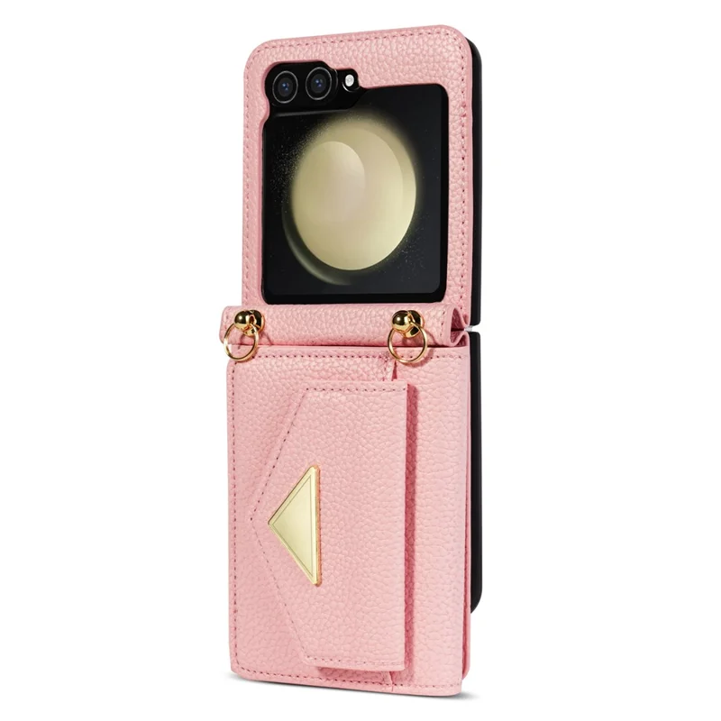 For Samsung Galaxy Z Flip5 5G Case Card Bag Design Leather+PC Cover with Shoulder Strap - Pink