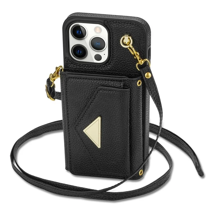 Für iPhone 14 Pro Max Case Drop Proof PU Leder+TPU Shell mit Kartenfach + Schultergurt - Schwarz