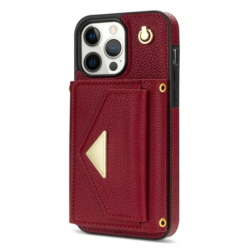 For iPhone 14 Pro Max Case Drop Proof PU Leather+TPU Shell with Card Bag + Shoulder Strap - Wine Red