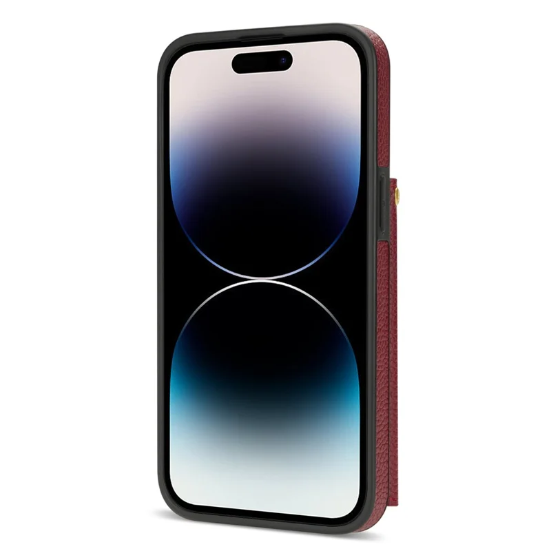 For iPhone 14 Pro Max Case Drop Proof PU Leather+TPU Shell with Card Bag + Shoulder Strap - Wine Red