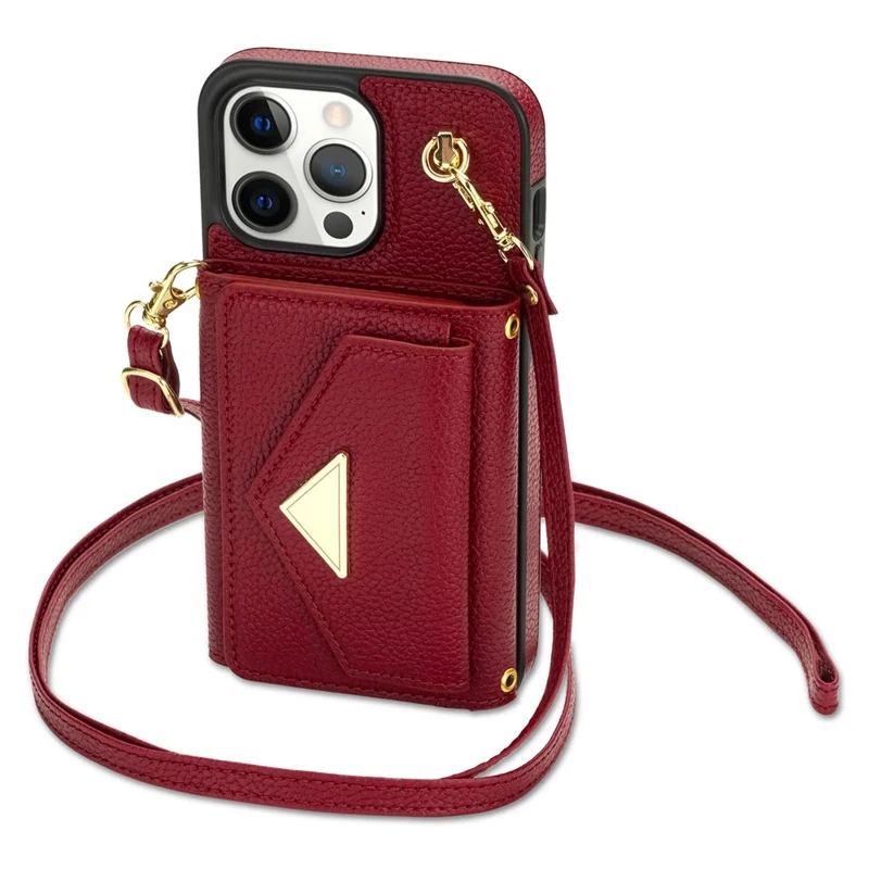 For iPhone 14 Pro Max Case Drop Proof PU Leather+TPU Shell with Card Bag + Shoulder Strap - Wine Red