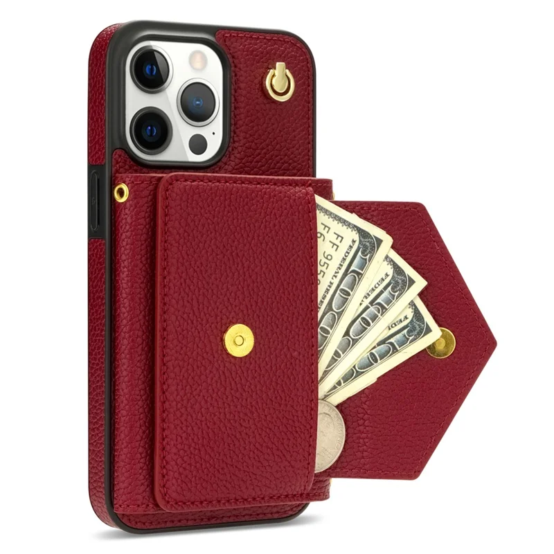 For iPhone 14 Pro Max Case Drop Proof PU Leather+TPU Shell with Card Bag + Shoulder Strap - Wine Red