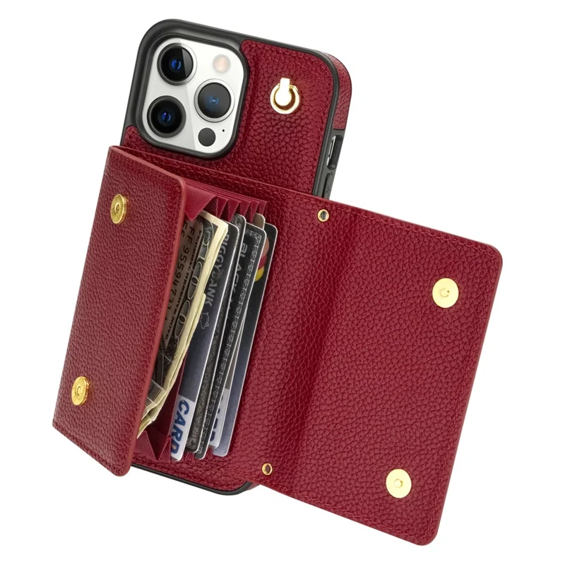 For iPhone 14 Pro Max Case Drop Proof PU Leather+TPU Shell with Card Bag + Shoulder Strap - Wine Red