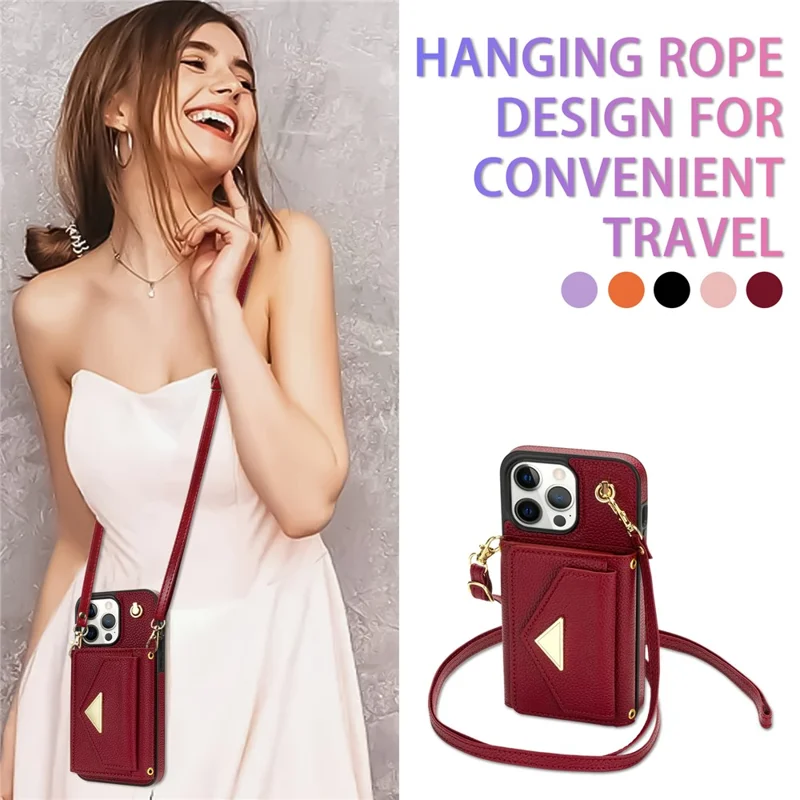 For iPhone 14 Pro Max Case Drop Proof PU Leather+TPU Shell with Card Bag + Shoulder Strap - Wine Red