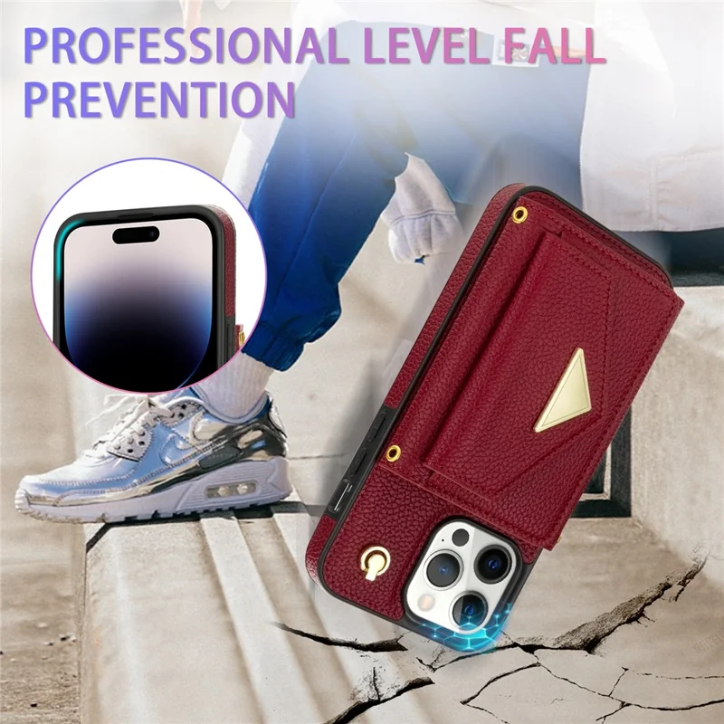 For iPhone 14 Pro Max Case Drop Proof PU Leather+TPU Shell with Card Bag + Shoulder Strap - Wine Red