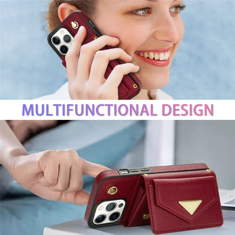 For iPhone 14 Pro Max Case Drop Proof PU Leather+TPU Shell with Card Bag + Shoulder Strap - Wine Red