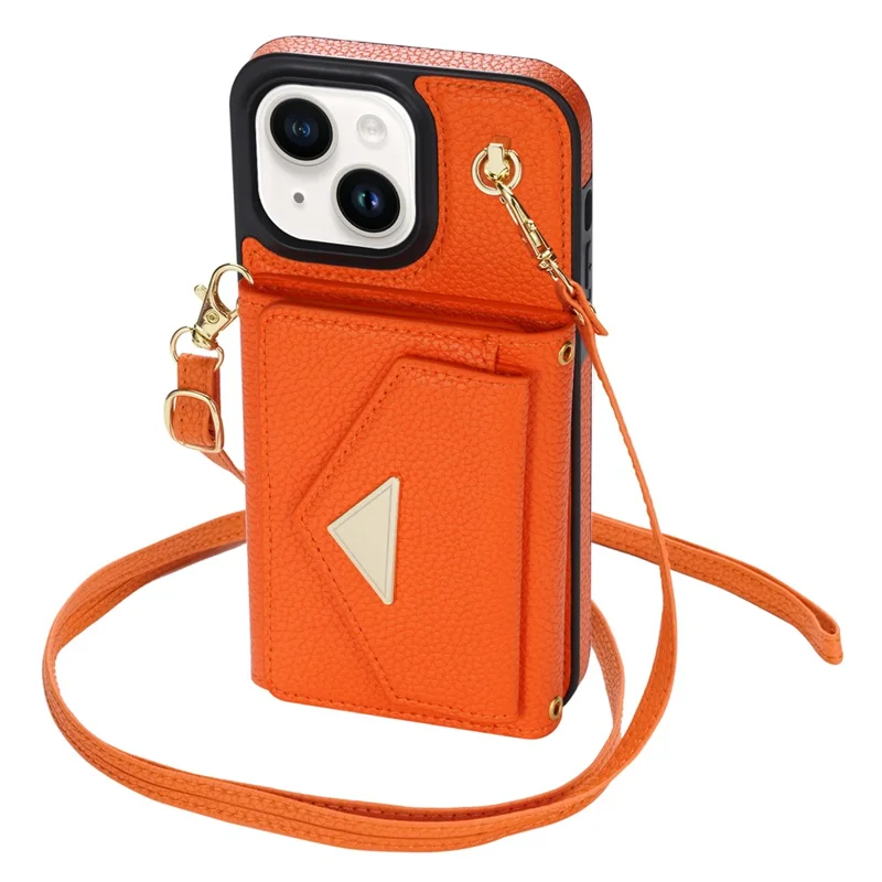 For iPhone 14 Case Card Bag Scratch Resistant Leather+TPU Cover with Shoulder Strap - Orange