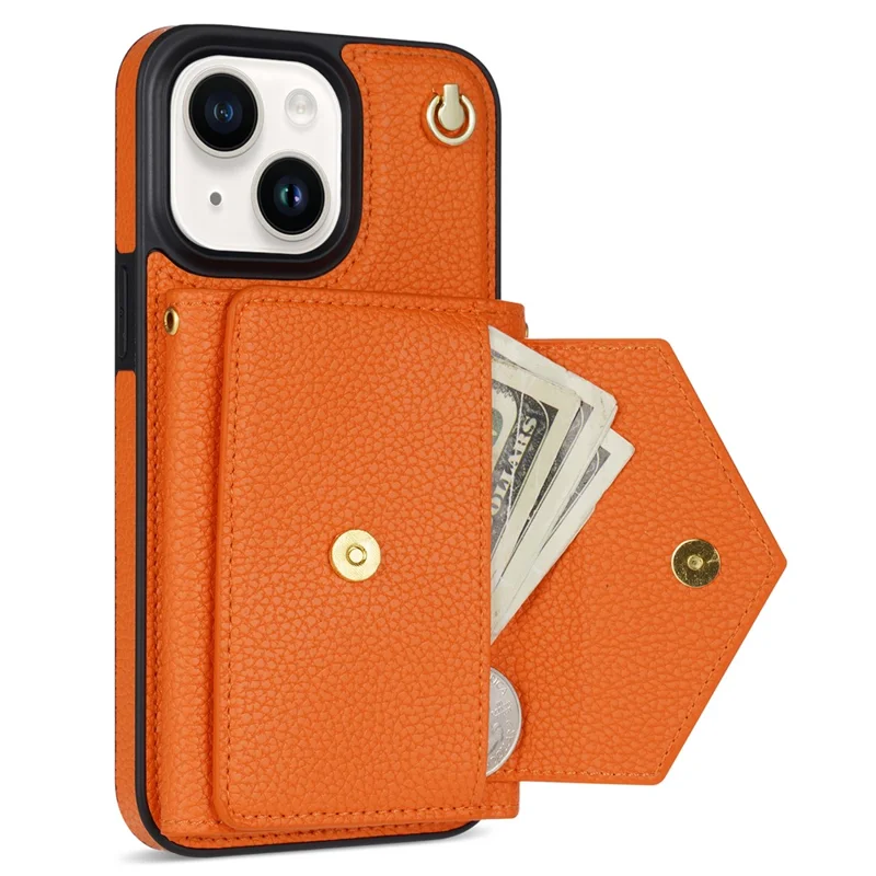 For iPhone 14 Case Card Bag Scratch Resistant Leather+TPU Cover with Shoulder Strap - Orange