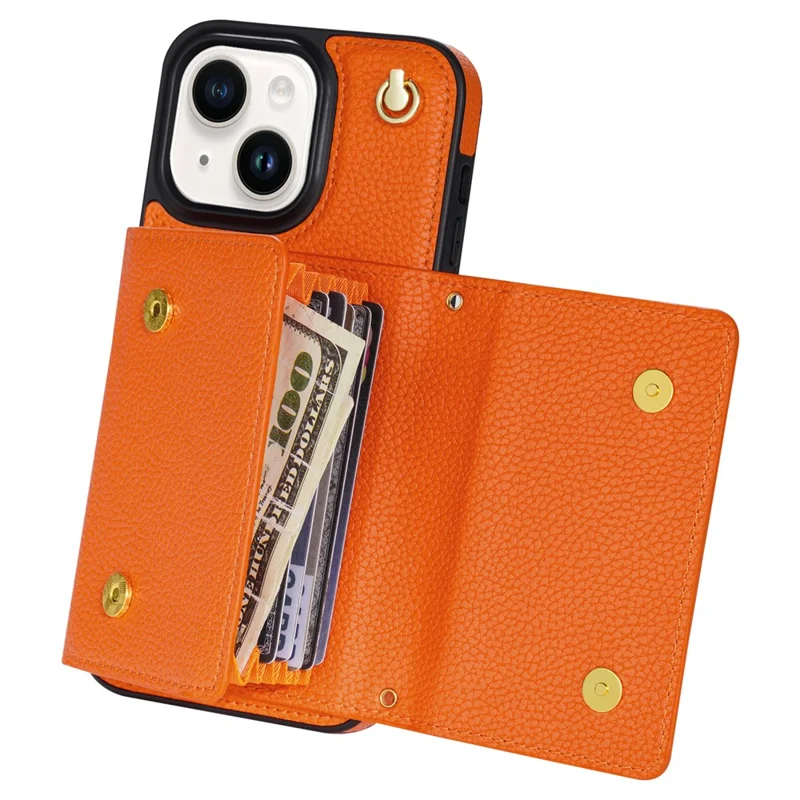 For iPhone 14 Case Card Bag Scratch Resistant Leather+TPU Cover with Shoulder Strap - Orange