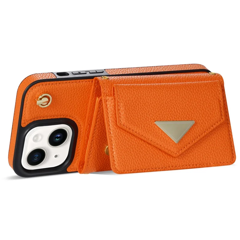 For iPhone 14 Case Card Bag Scratch Resistant Leather+TPU Cover with Shoulder Strap - Orange