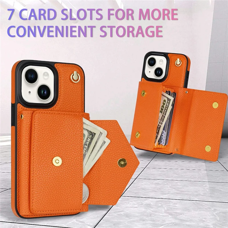 For iPhone 14 Case Card Bag Scratch Resistant Leather+TPU Cover with Shoulder Strap - Orange