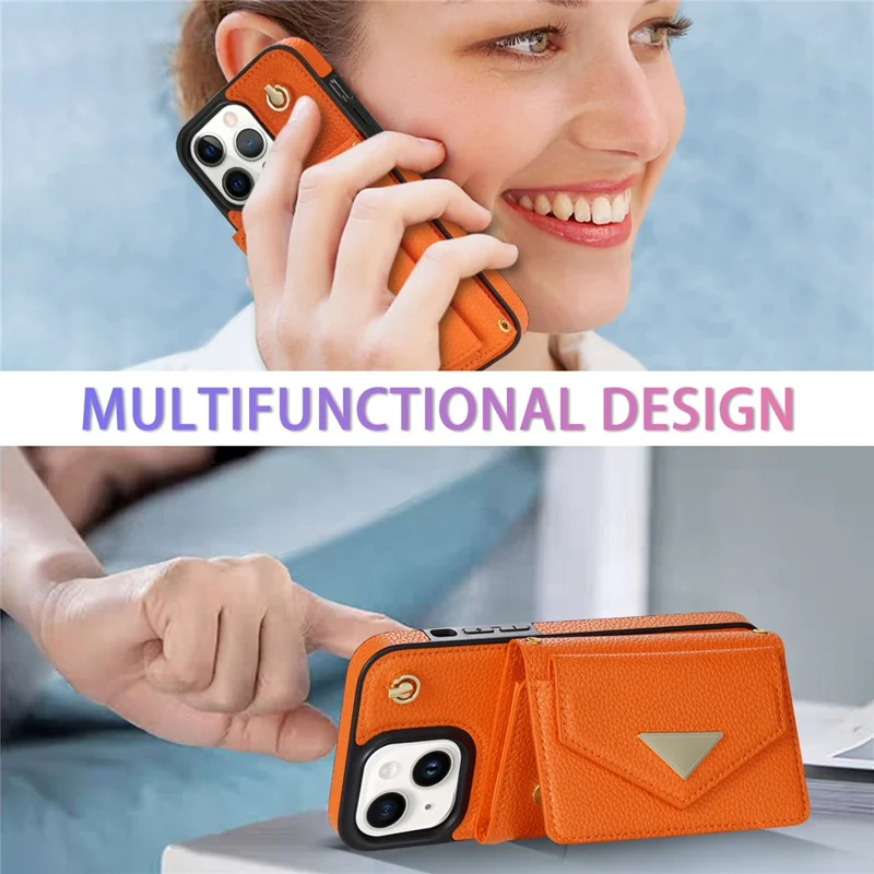 For iPhone 14 Case Card Bag Scratch Resistant Leather+TPU Cover with Shoulder Strap - Orange