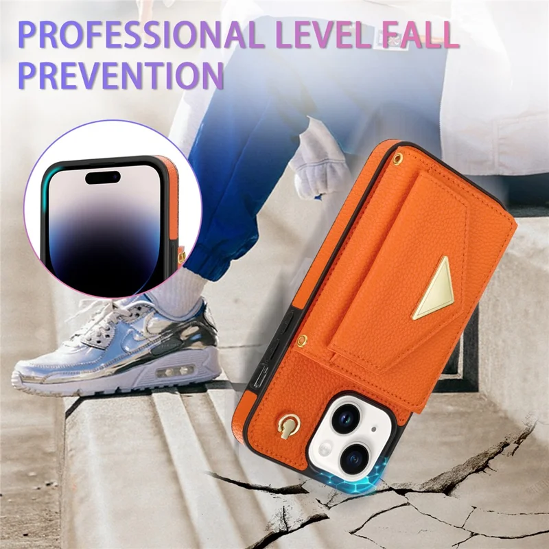 For iPhone 14 Case Card Bag Scratch Resistant Leather+TPU Cover with Shoulder Strap - Orange