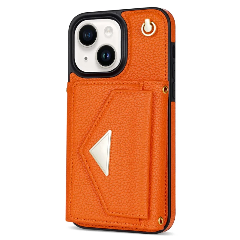 For iPhone 14 Case Card Bag Scratch Resistant Leather+TPU Cover with Shoulder Strap - Orange