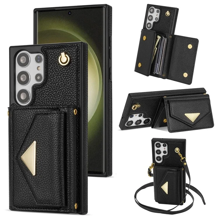 Für Samsung Galaxy S23 Ultra Case Kartenhalter Schale Leder+TPU-Abdeckung mit Schultergurt - Schwarz