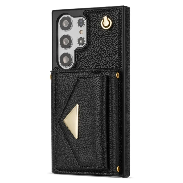 Für Samsung Galaxy S23 Ultra Case Kartenhalter Schale Leder+TPU-Abdeckung mit Schultergurt - Schwarz