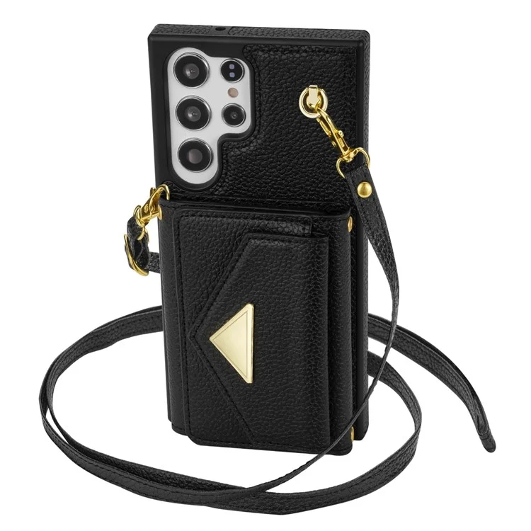 Für Samsung Galaxy S23 Ultra Case Kartenhalter Schale Leder+TPU-Abdeckung mit Schultergurt - Schwarz