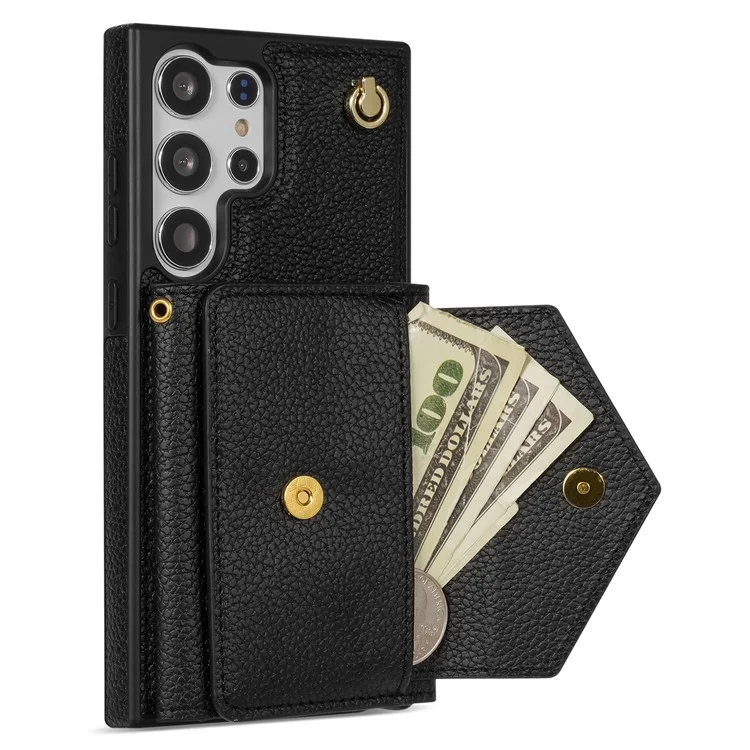 Für Samsung Galaxy S23 Ultra Case Kartenhalter Schale Leder+TPU-Abdeckung mit Schultergurt - Schwarz