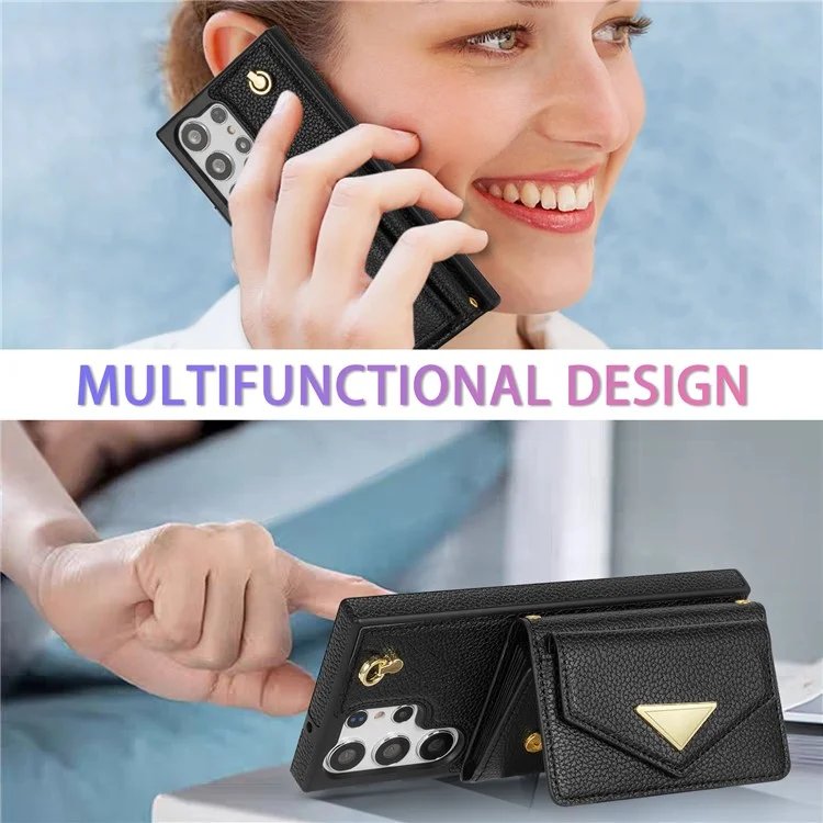 Für Samsung Galaxy S23 Ultra Case Kartenhalter Schale Leder+TPU-Abdeckung mit Schultergurt - Schwarz
