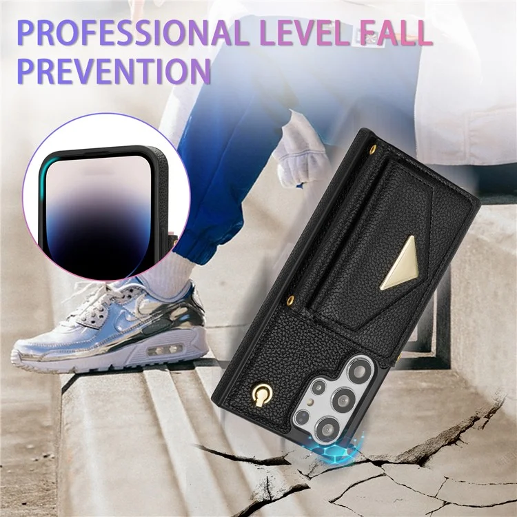 Für Samsung Galaxy S23 Ultra Case Kartenhalter Schale Leder+TPU-Abdeckung mit Schultergurt - Schwarz