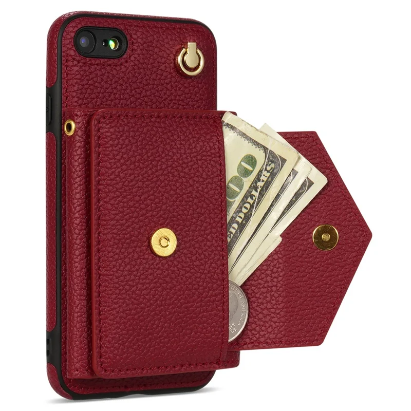 For iPhone 7 / 8 / SE (2020) / SE (2022) Case Leather+TPU Card Holder Shell with Shoulder Strap - Wine Red