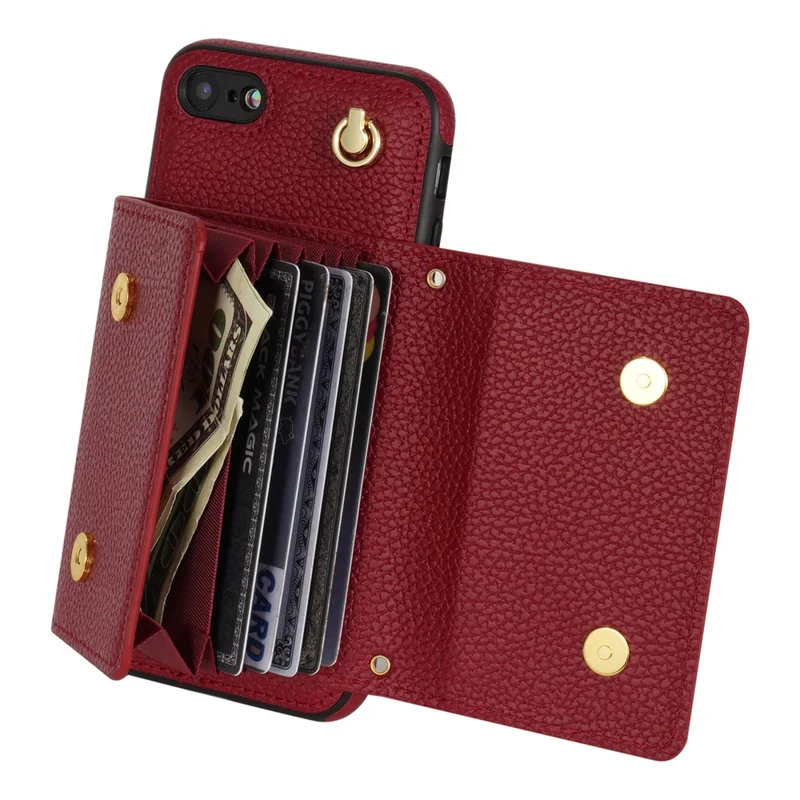 For iPhone 7 / 8 / SE (2020) / SE (2022) Case Leather+TPU Card Holder Shell with Shoulder Strap - Wine Red