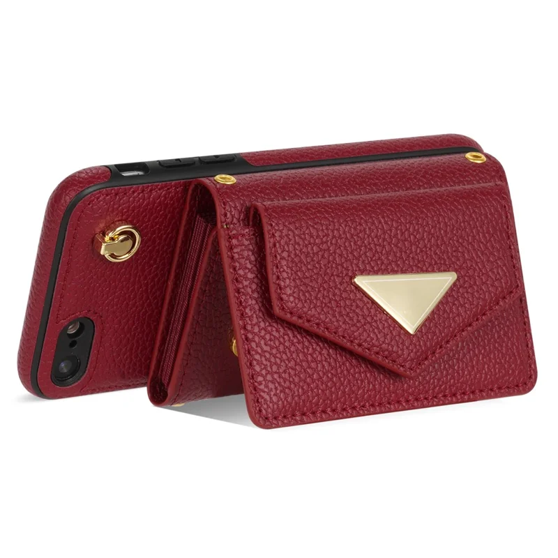 For iPhone 7 / 8 / SE (2020) / SE (2022) Case Leather+TPU Card Holder Shell with Shoulder Strap - Wine Red