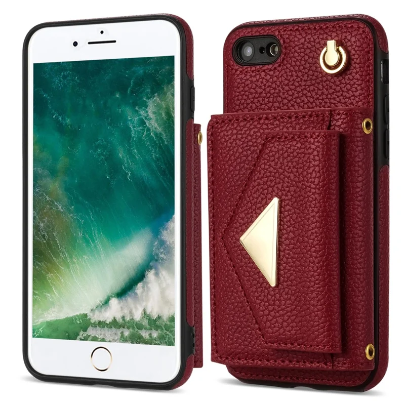 For iPhone 7 / 8 / SE (2020) / SE (2022) Case Leather+TPU Card Holder Shell with Shoulder Strap - Wine Red