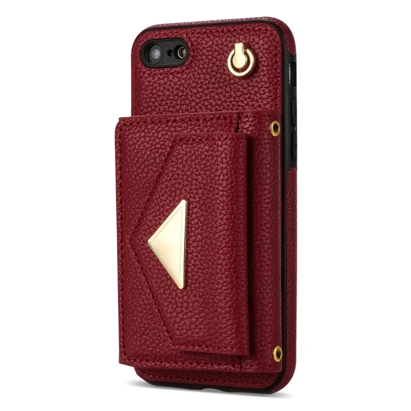 For iPhone 7 / 8 / SE (2020) / SE (2022) Case Leather+TPU Card Holder Shell with Shoulder Strap - Wine Red