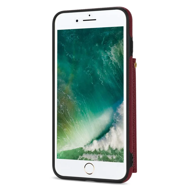 For iPhone 7 / 8 / SE (2020) / SE (2022) Case Leather+TPU Card Holder Shell with Shoulder Strap - Wine Red