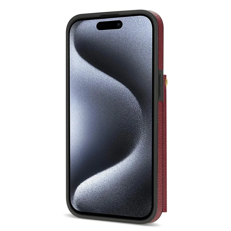 For iPhone 15 Pro Case Organ Card Bag Leather+TPU Back Protector Cover with Shoulder Strap - Wine Red