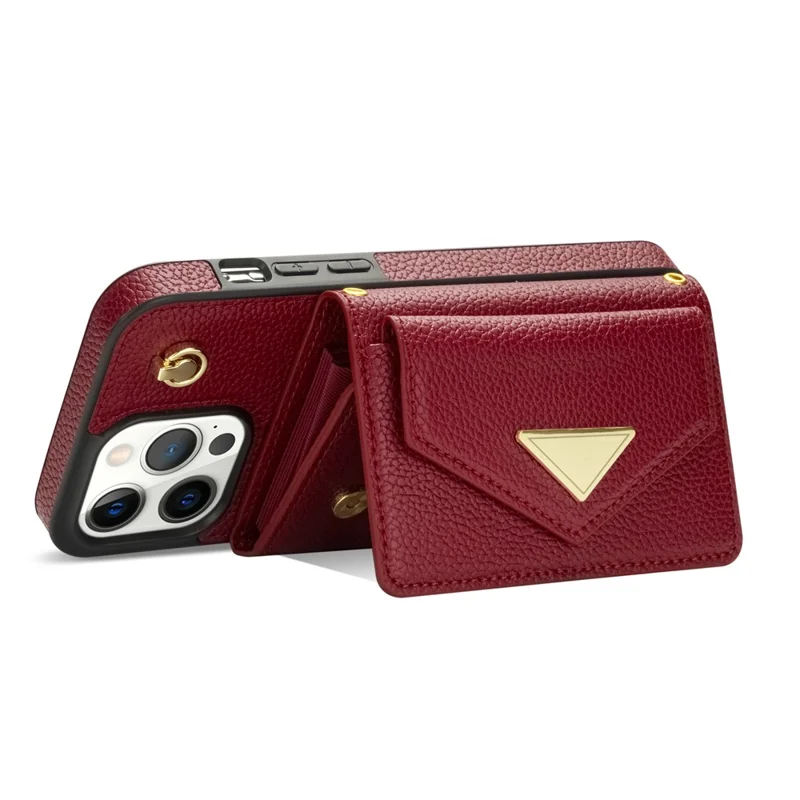 For iPhone 15 Pro Case Organ Card Bag Leather+TPU Back Protector Cover with Shoulder Strap - Wine Red