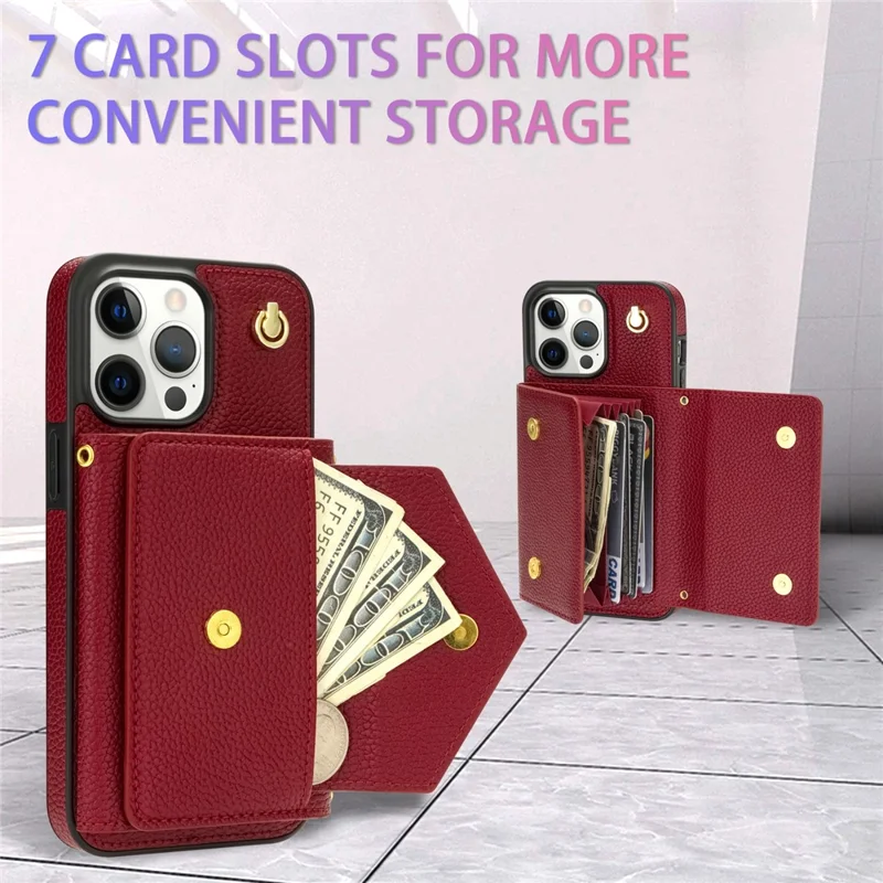 For iPhone 15 Pro Case Organ Card Bag Leather+TPU Back Protector Cover with Shoulder Strap - Wine Red