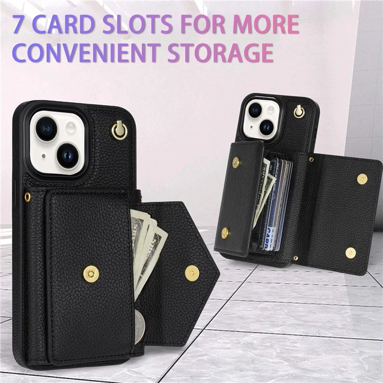 Pour étui iPhone 14 Plus Organ Card Bag Bien protégé PU Cuir+TPU Shell avec bandoulière - Noir