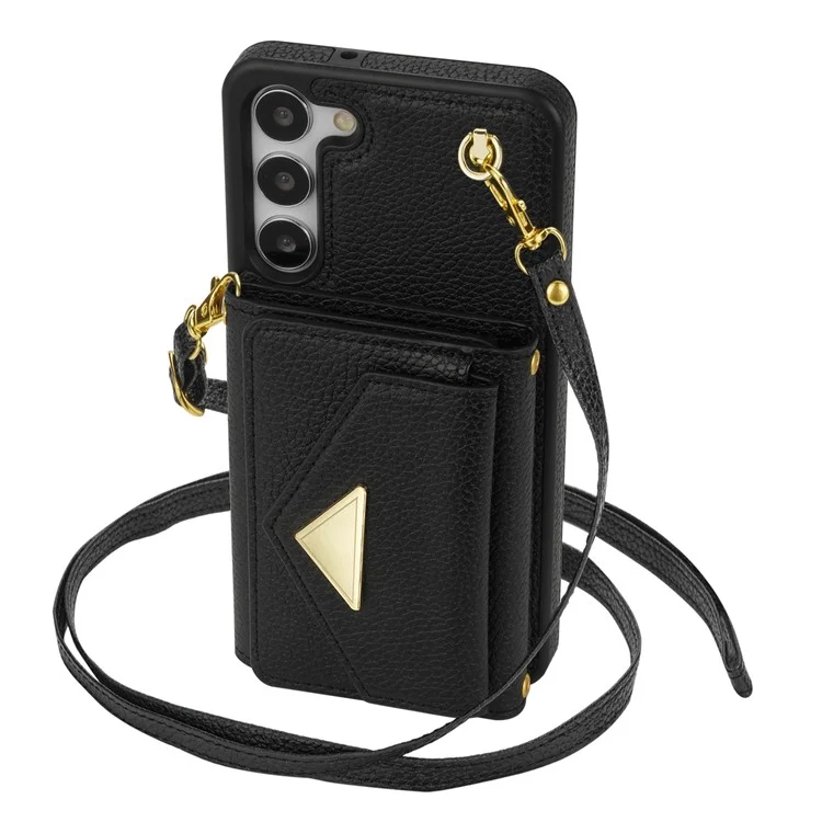 Para Samsung Galaxy S23+ Case Organ Card Bag PU Leather+TPU Shell with Shoulder Strap - Black