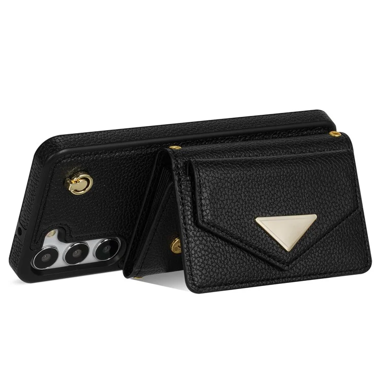 Para Samsung Galaxy S23+ Case Organ Card Bag PU Leather+TPU Shell with Shoulder Strap - Black