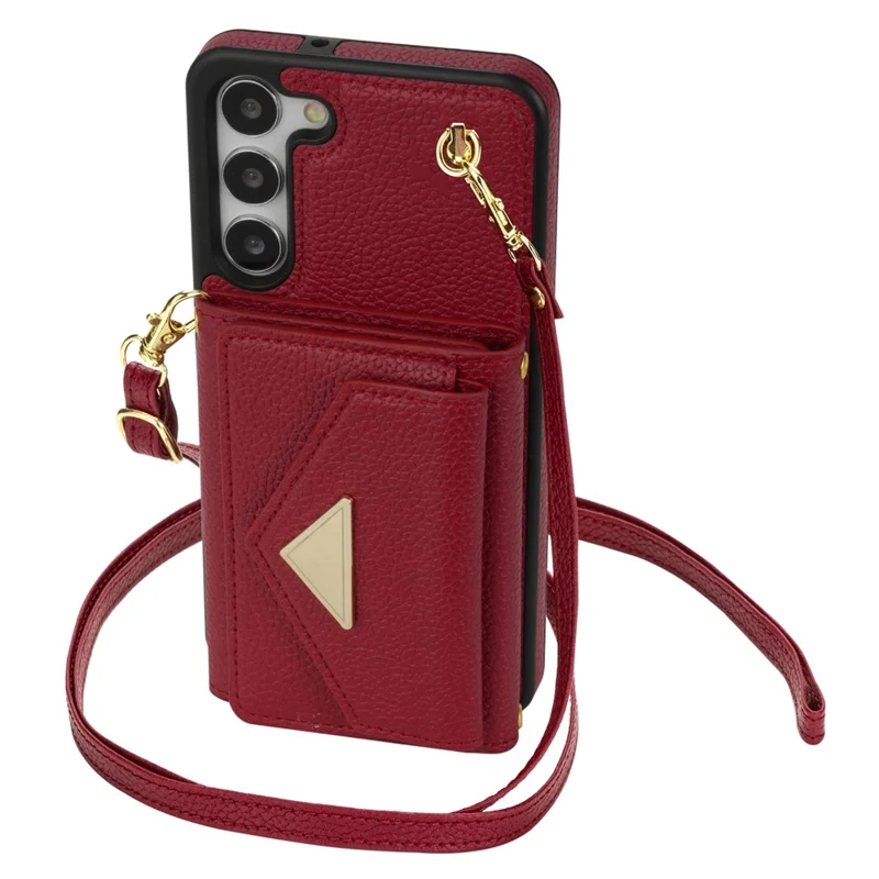 For Samsung Galaxy S23+ Case Organ Card Bag PU Leather+TPU Shell with Shoulder Strap - Wine Red