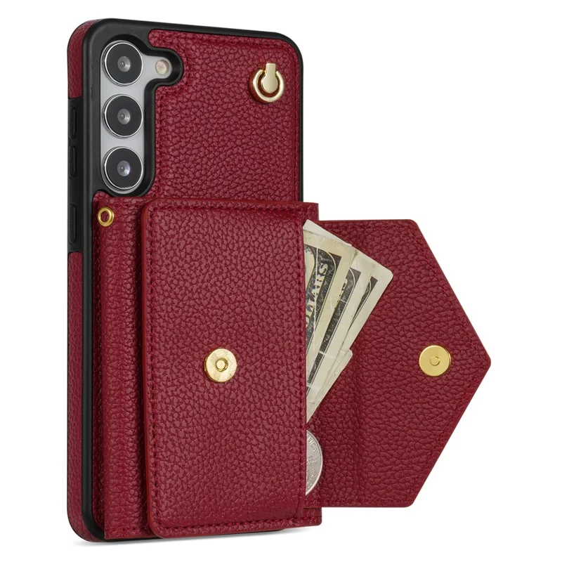 For Samsung Galaxy S23+ Case Organ Card Bag PU Leather+TPU Shell with Shoulder Strap - Wine Red