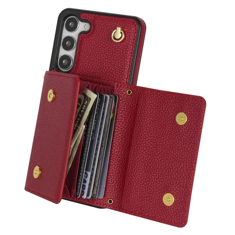 For Samsung Galaxy S23+ Case Organ Card Bag PU Leather+TPU Shell with Shoulder Strap - Wine Red