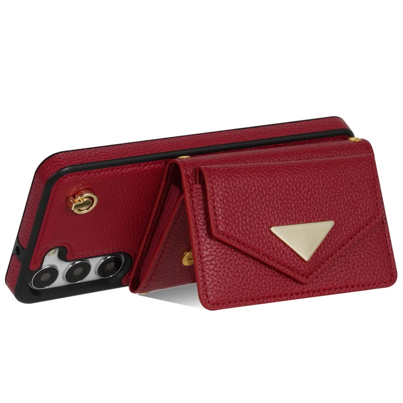 For Samsung Galaxy S23+ Case Organ Card Bag PU Leather+TPU Shell with Shoulder Strap - Wine Red