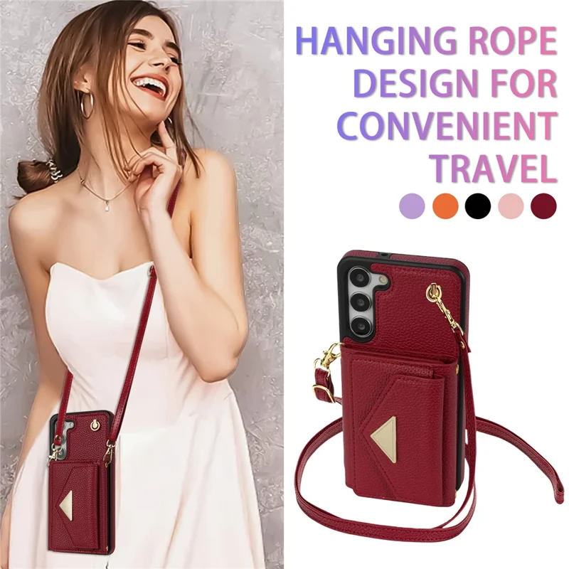 For Samsung Galaxy S23+ Case Organ Card Bag PU Leather+TPU Shell with Shoulder Strap - Wine Red