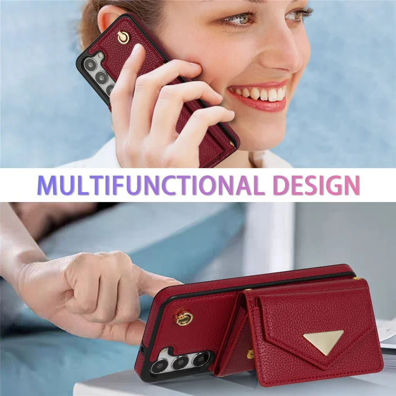 For Samsung Galaxy S23+ Case Organ Card Bag PU Leather+TPU Shell with Shoulder Strap - Wine Red