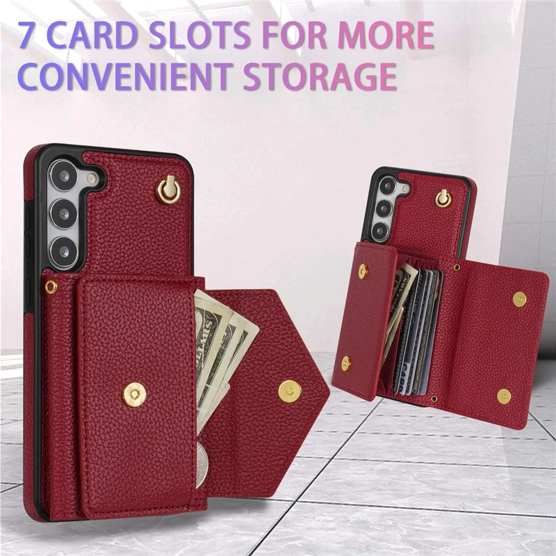 For Samsung Galaxy S23+ Case Organ Card Bag PU Leather+TPU Shell with Shoulder Strap - Wine Red