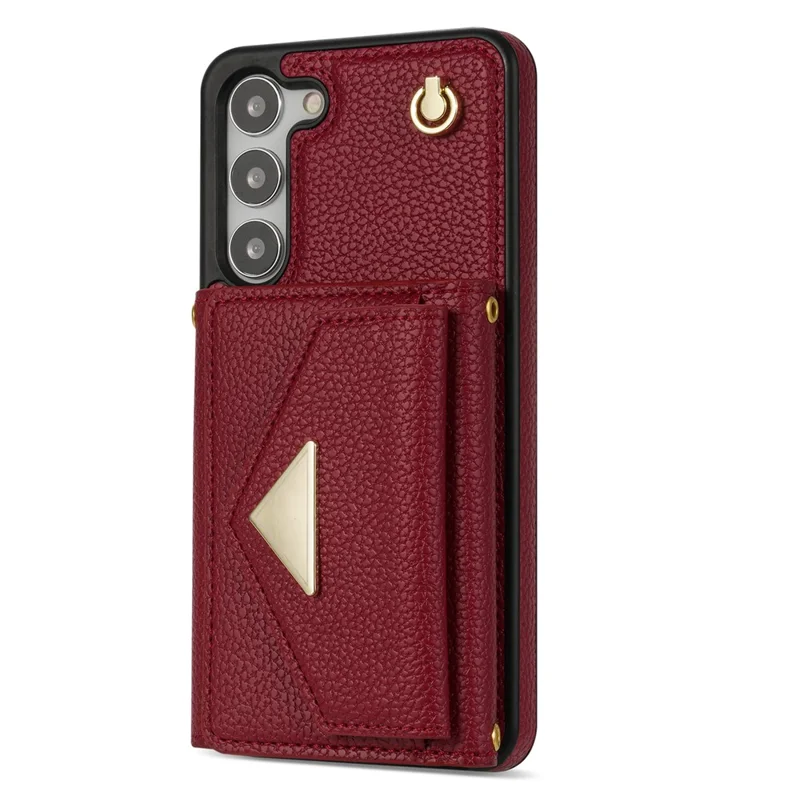 For Samsung Galaxy S23+ Case Organ Card Bag PU Leather+TPU Shell with Shoulder Strap - Wine Red