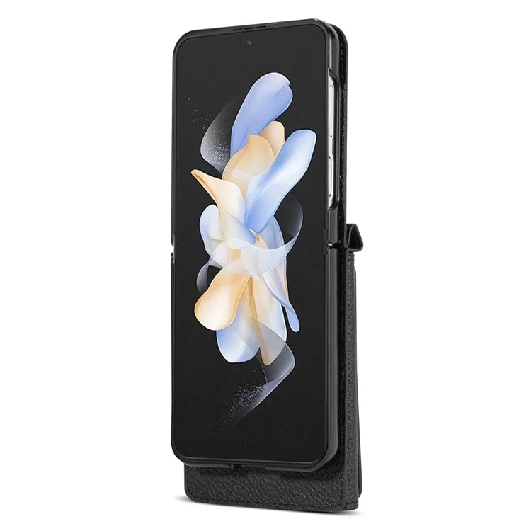 Для Samsung Galaxy Z Flip4 5G Чехол Сумка для карт Кожа+ПК Ударопрочный Чехол с плечевым ремнем - Черный