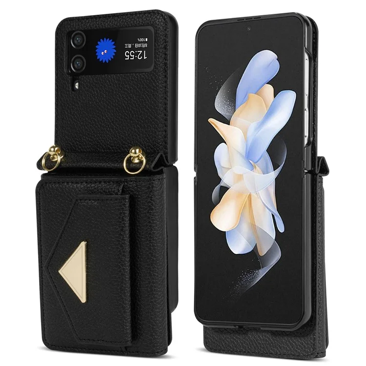 Для Samsung Galaxy Z Flip4 5G Чехол Сумка для карт Кожа+ПК Ударопрочный Чехол с плечевым ремнем - Черный