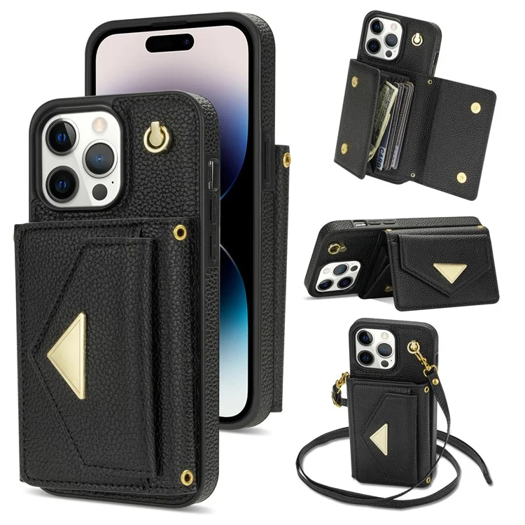 Per iPhone 14 Pro Case PU Leather+TPU Kickstand Shell con Cinturino a Spalla - Nero