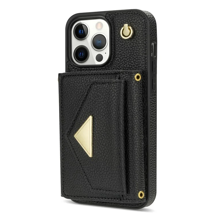 Per iPhone 14 Pro Case PU Leather+TPU Kickstand Shell con Cinturino a Spalla - Nero