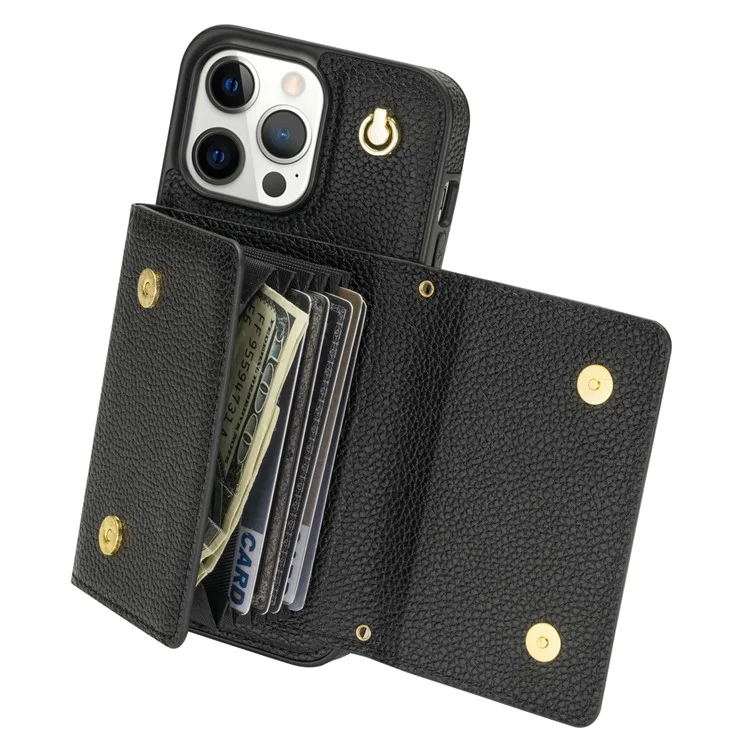 Per iPhone 14 Pro Case PU Leather+TPU Kickstand Shell con Cinturino a Spalla - Nero